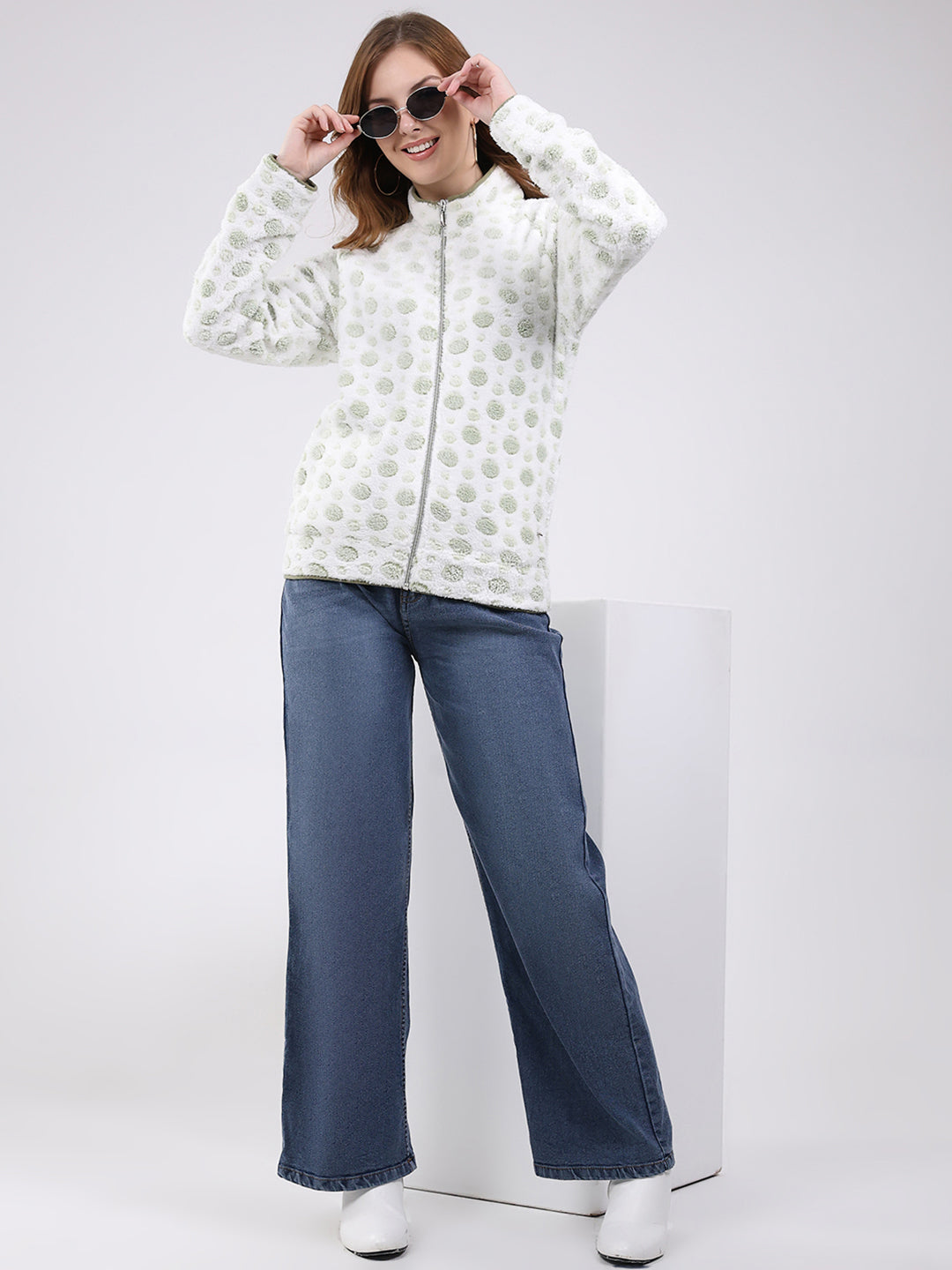 Women White Self Design Mock Neck Full Sleeve Sweatshirt