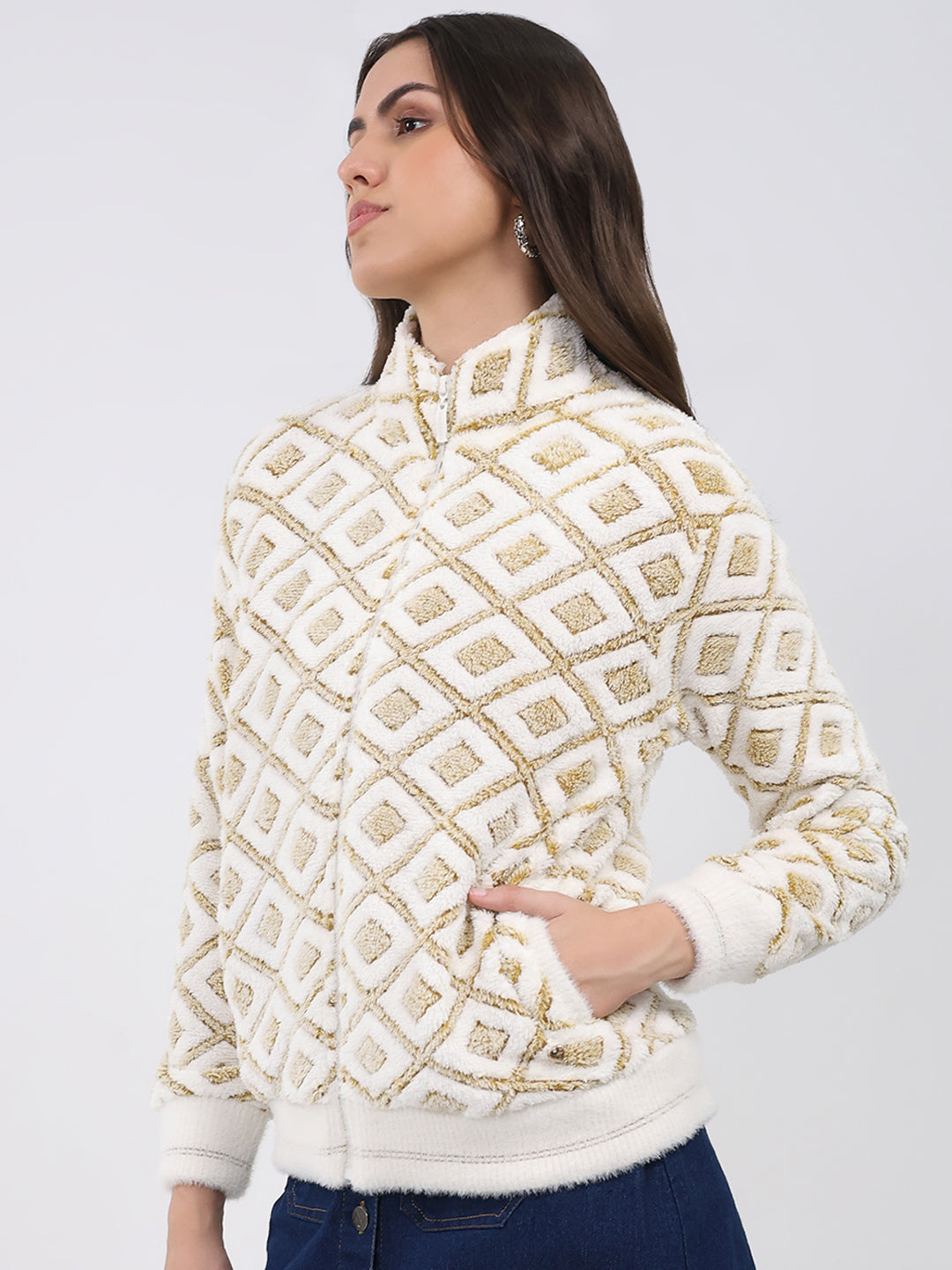 Women Mustard Printed Round Neck Full Sleeve Sweatshirt