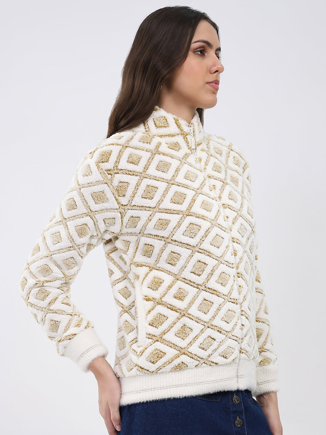 Women Mustard Printed Round Neck Full Sleeve Sweatshirt