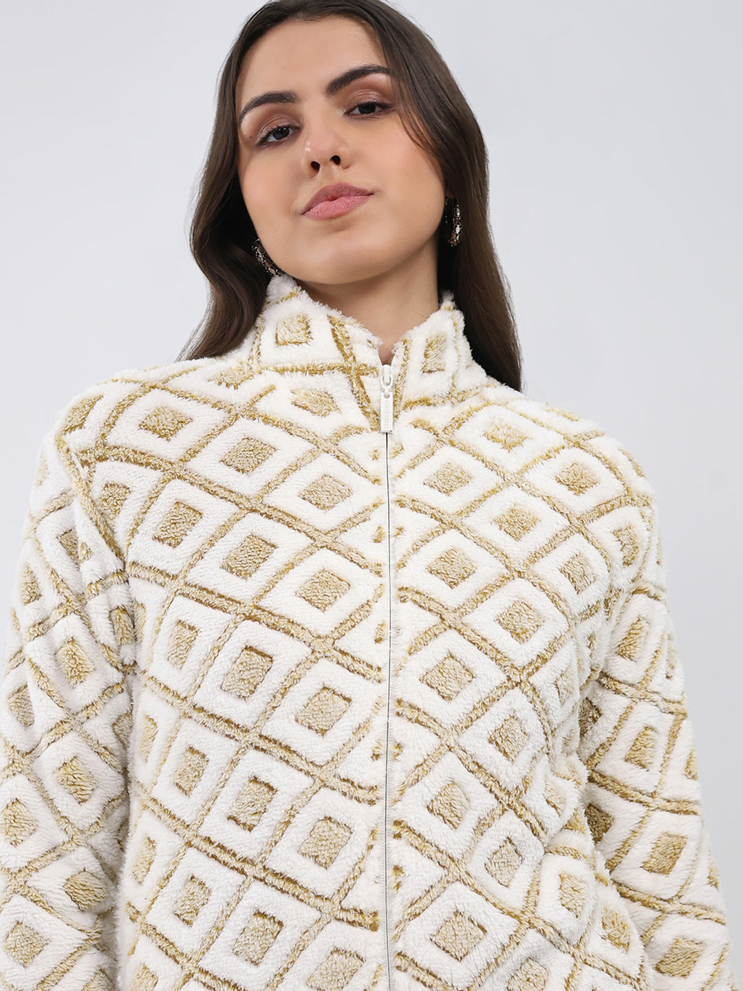 Women Mustard Printed Round Neck Full Sleeve Sweatshirt