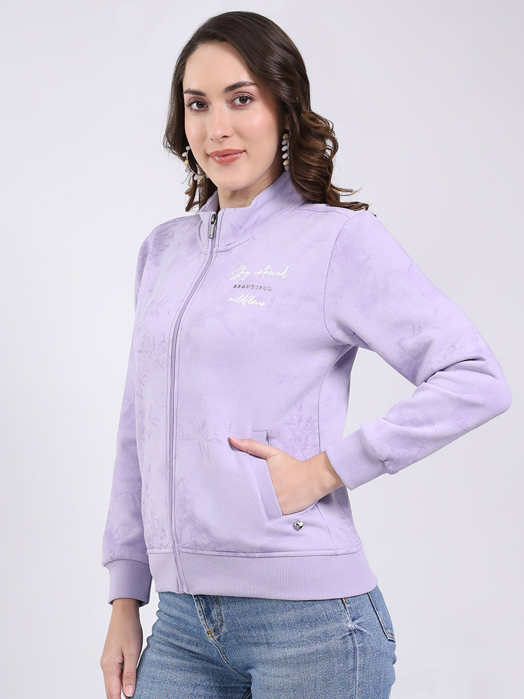 Women Purple Self Design Mock Neck Full Sleeve Sweatshirt