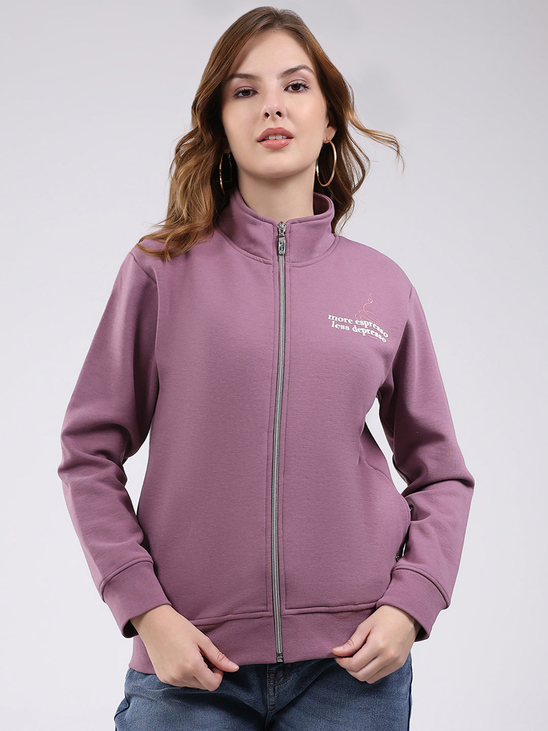Women Mauve Self Design Mock Neck Full Sleeve Sweatshirt