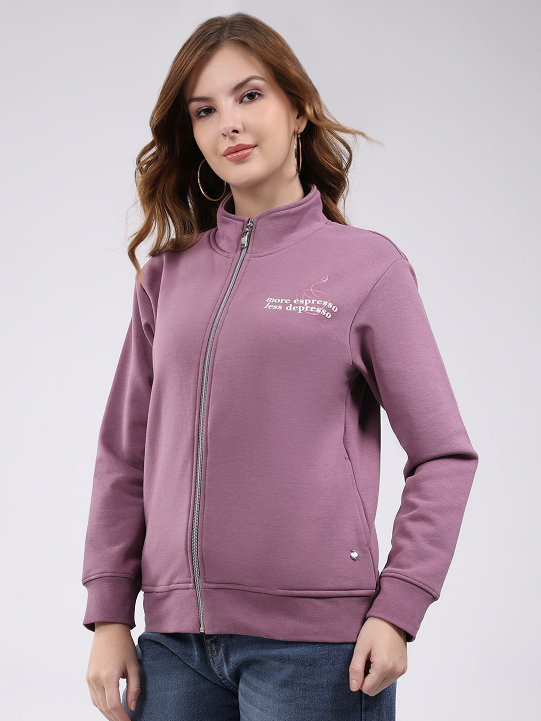 Women Mauve Self Design Mock Neck Full Sleeve Sweatshirt