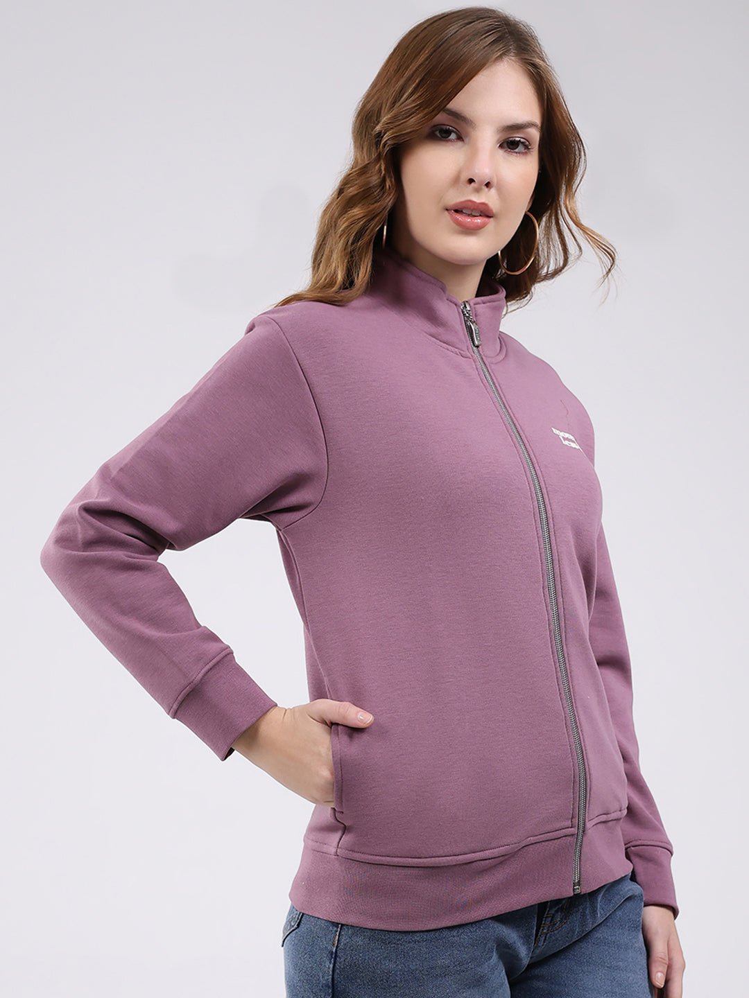 Women Mauve Self Design Mock Neck Full Sleeve Sweatshirt