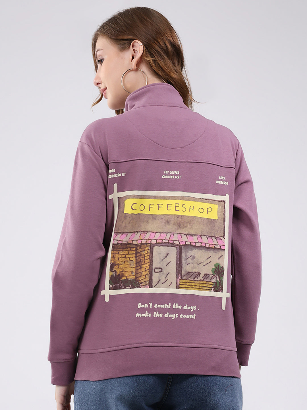 Women Mauve Self Design Mock Neck Full Sleeve Sweatshirt