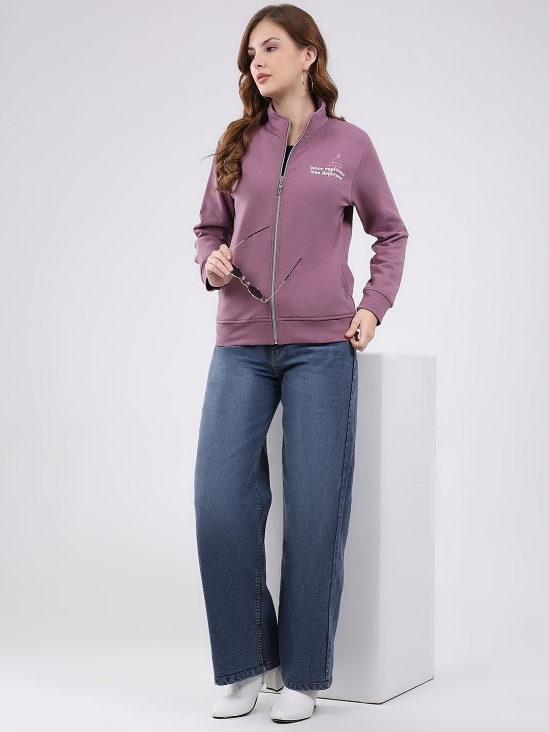 Women Mauve Self Design Mock Neck Full Sleeve Sweatshirt