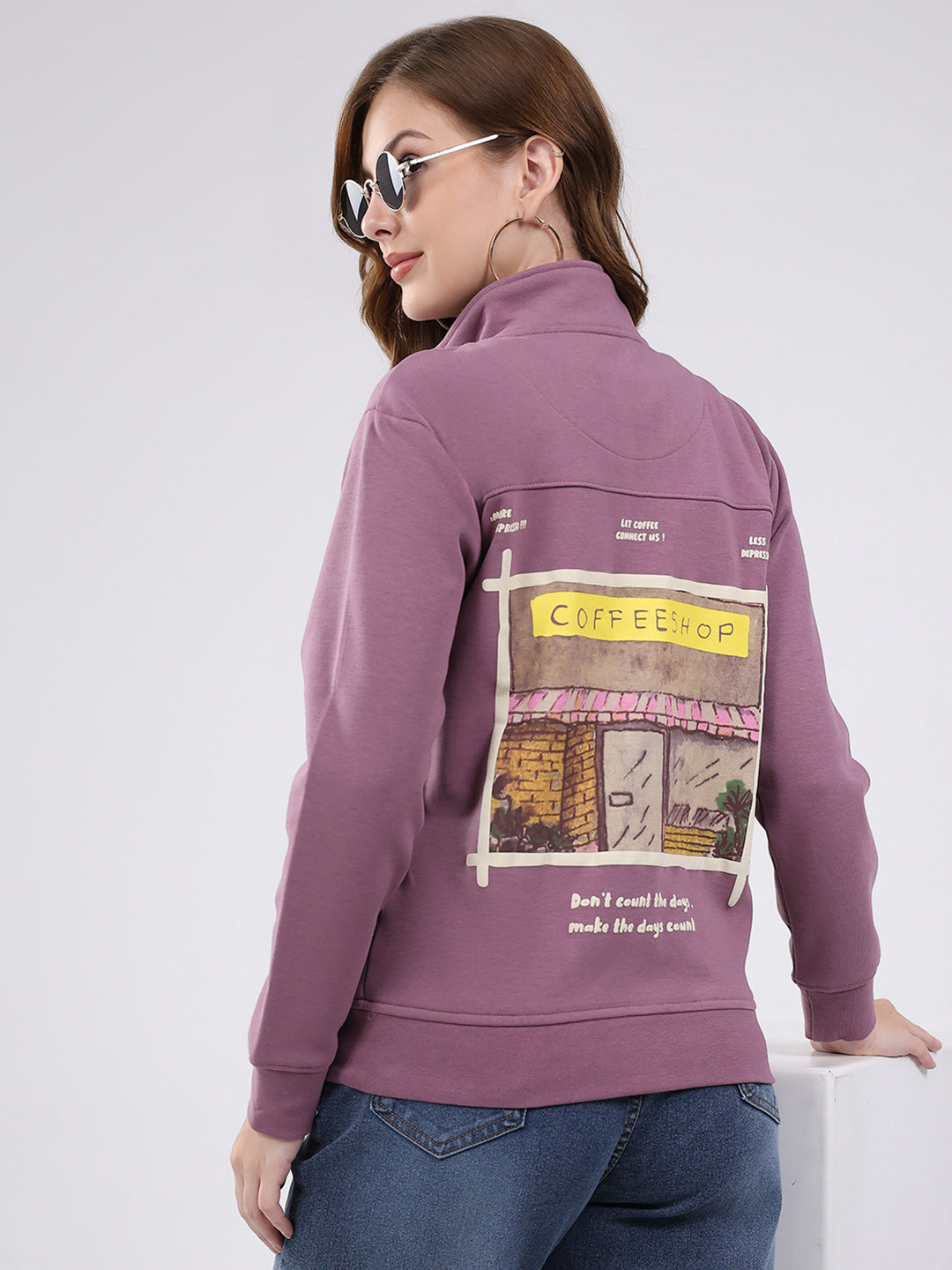 Women Mauve Self Design Mock Neck Full Sleeve Sweatshirt