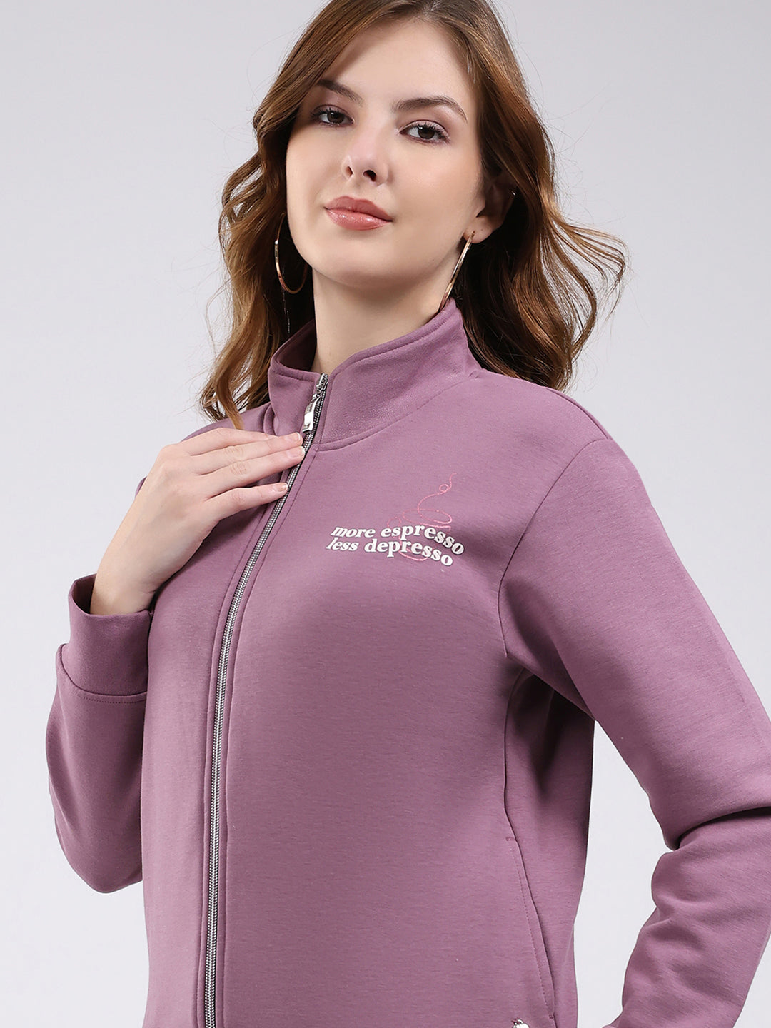 Women Mauve Self Design Mock Neck Full Sleeve Sweatshirt