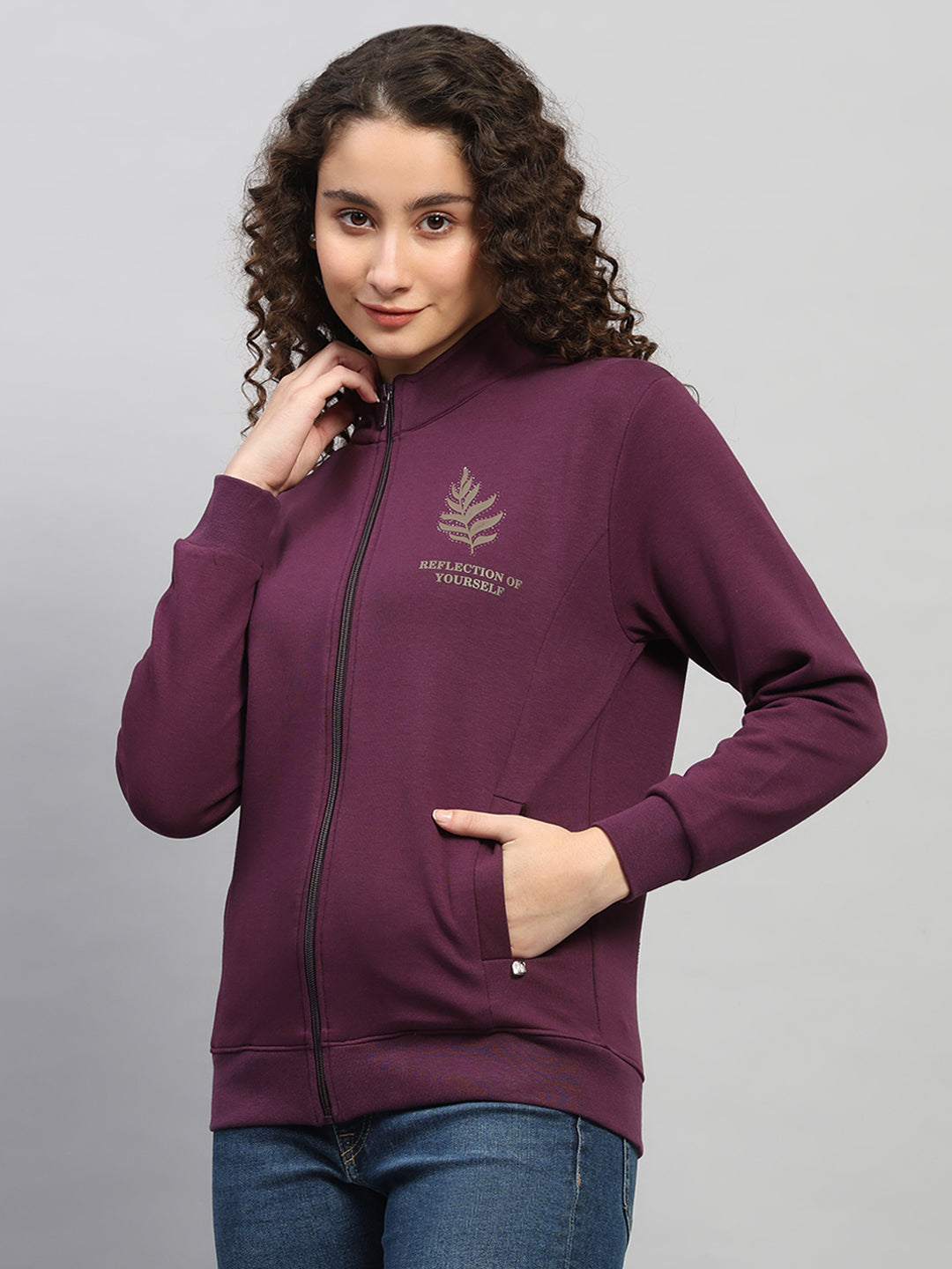 Women Purple Printed Round Neck Full Sleeve Sweatshirt