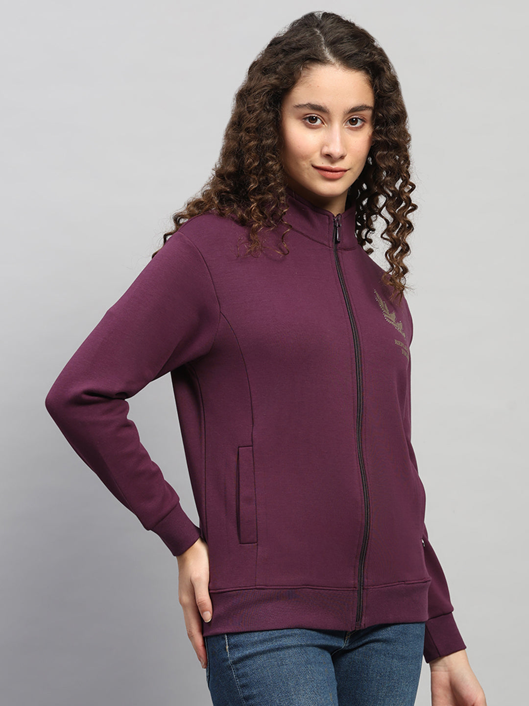 Women Purple Printed Round Neck Full Sleeve Sweatshirt