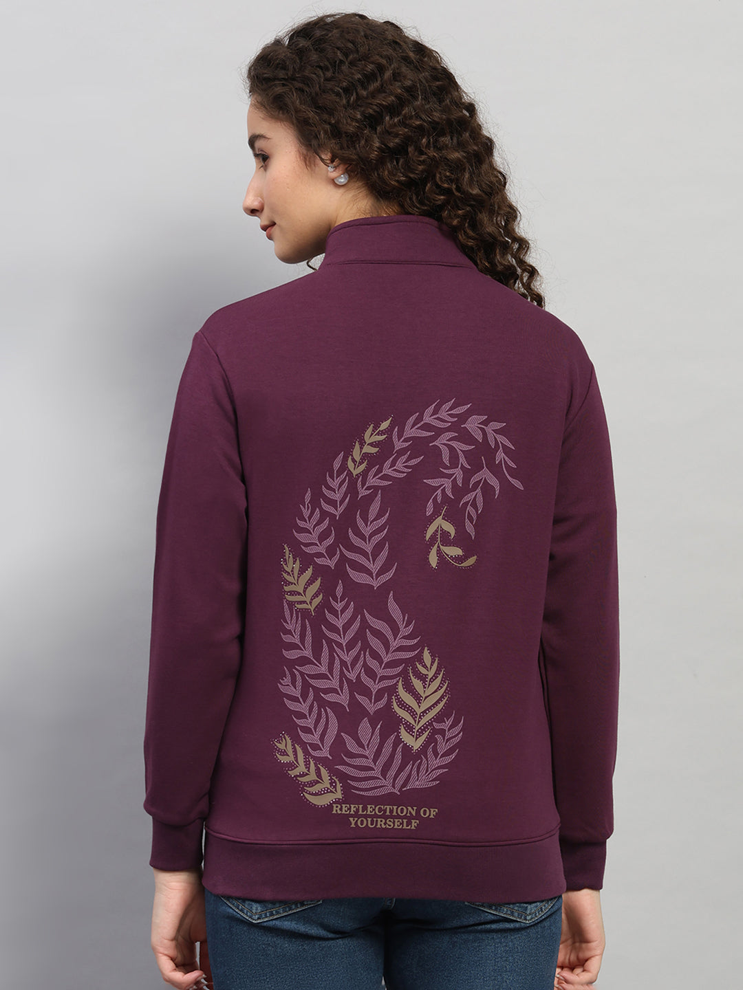 Women Purple Printed Round Neck Full Sleeve Sweatshirt