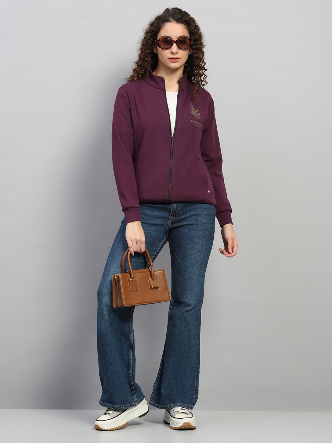 Women Purple Printed Round Neck Full Sleeve Sweatshirt