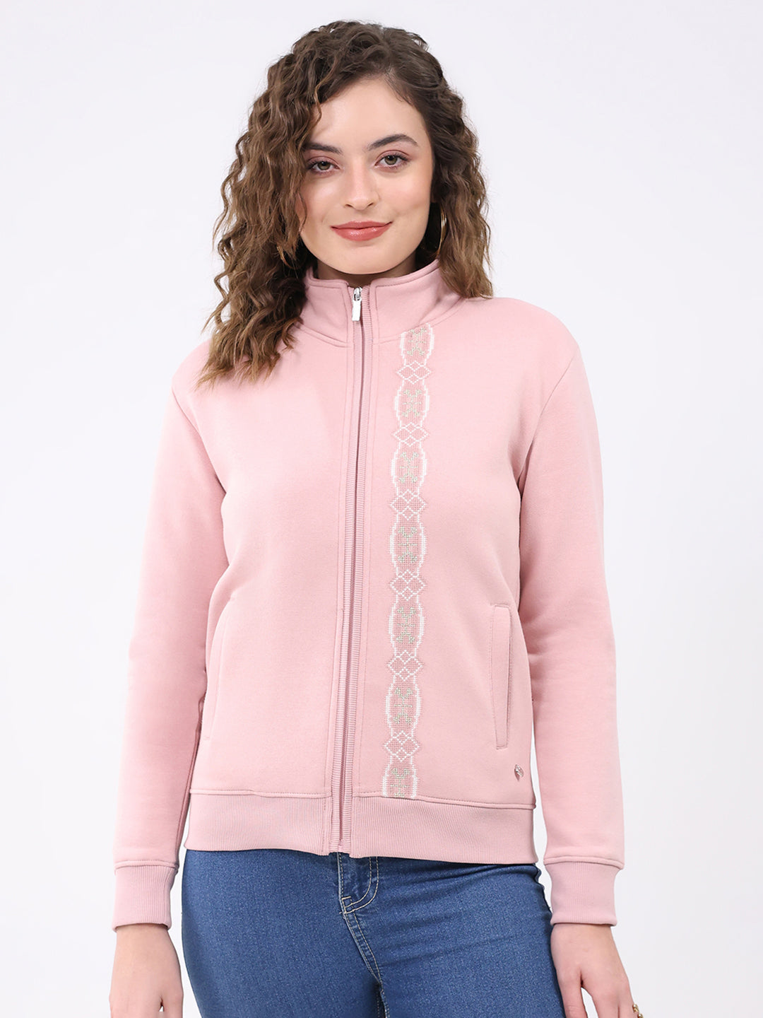 Women Pink Solid Mock Neck Full Sleeve Sweatshirt
