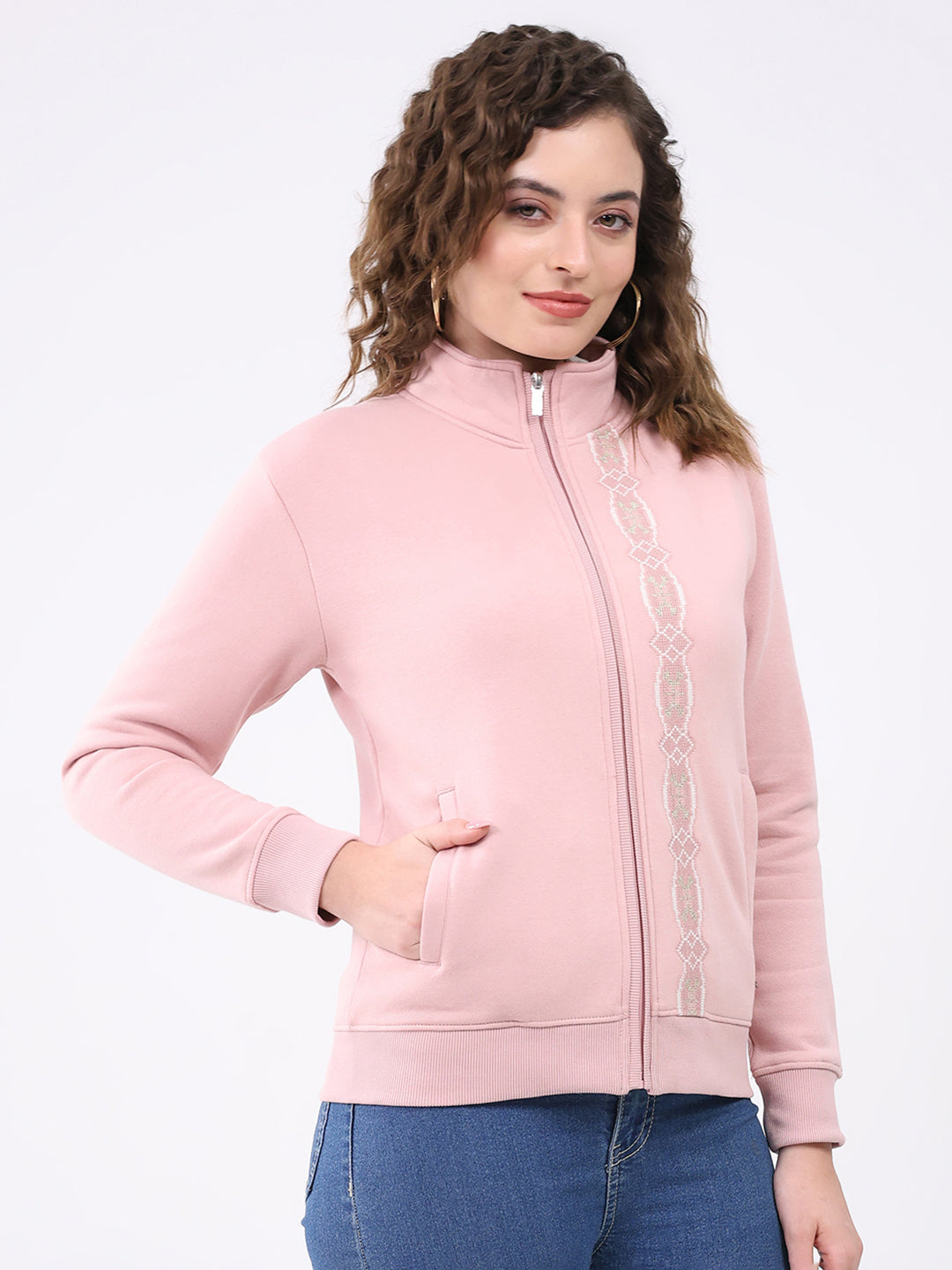 Women Pink Solid Mock Neck Full Sleeve Sweatshirt