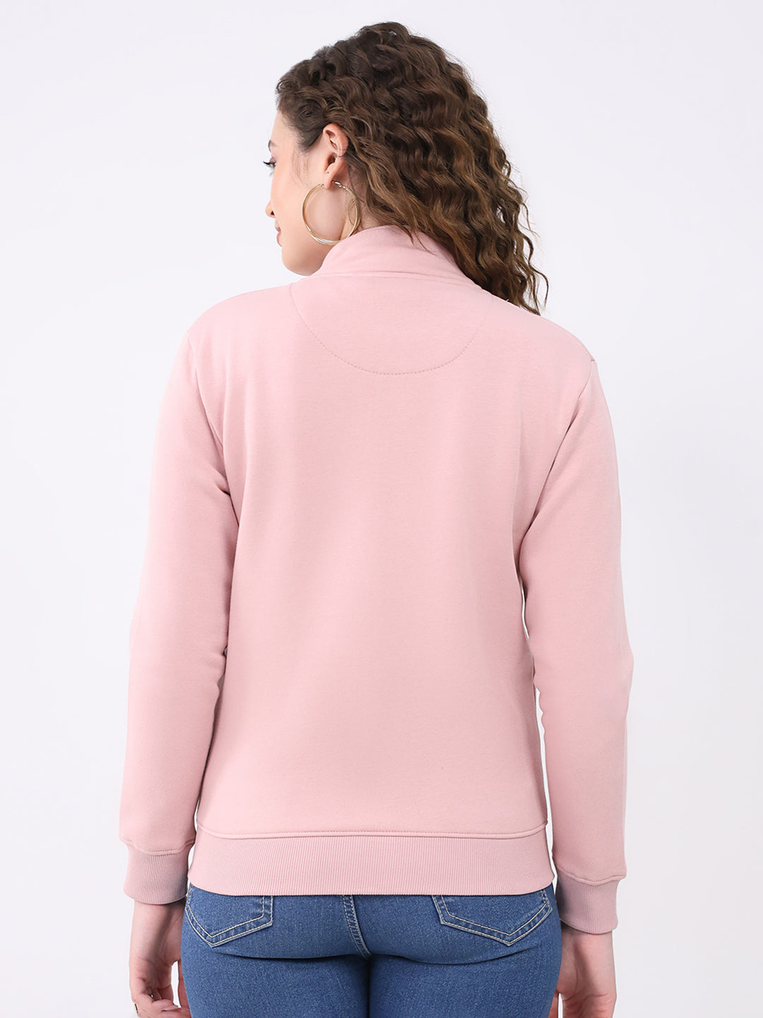Women Pink Solid Mock Neck Full Sleeve Sweatshirt