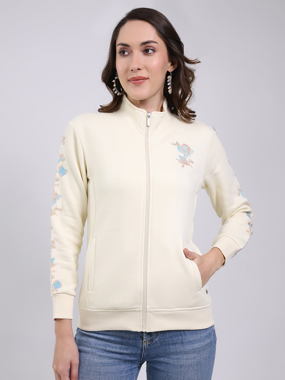 Women Cream Self Design Mock Neck Full Sleeve Sweatshirt