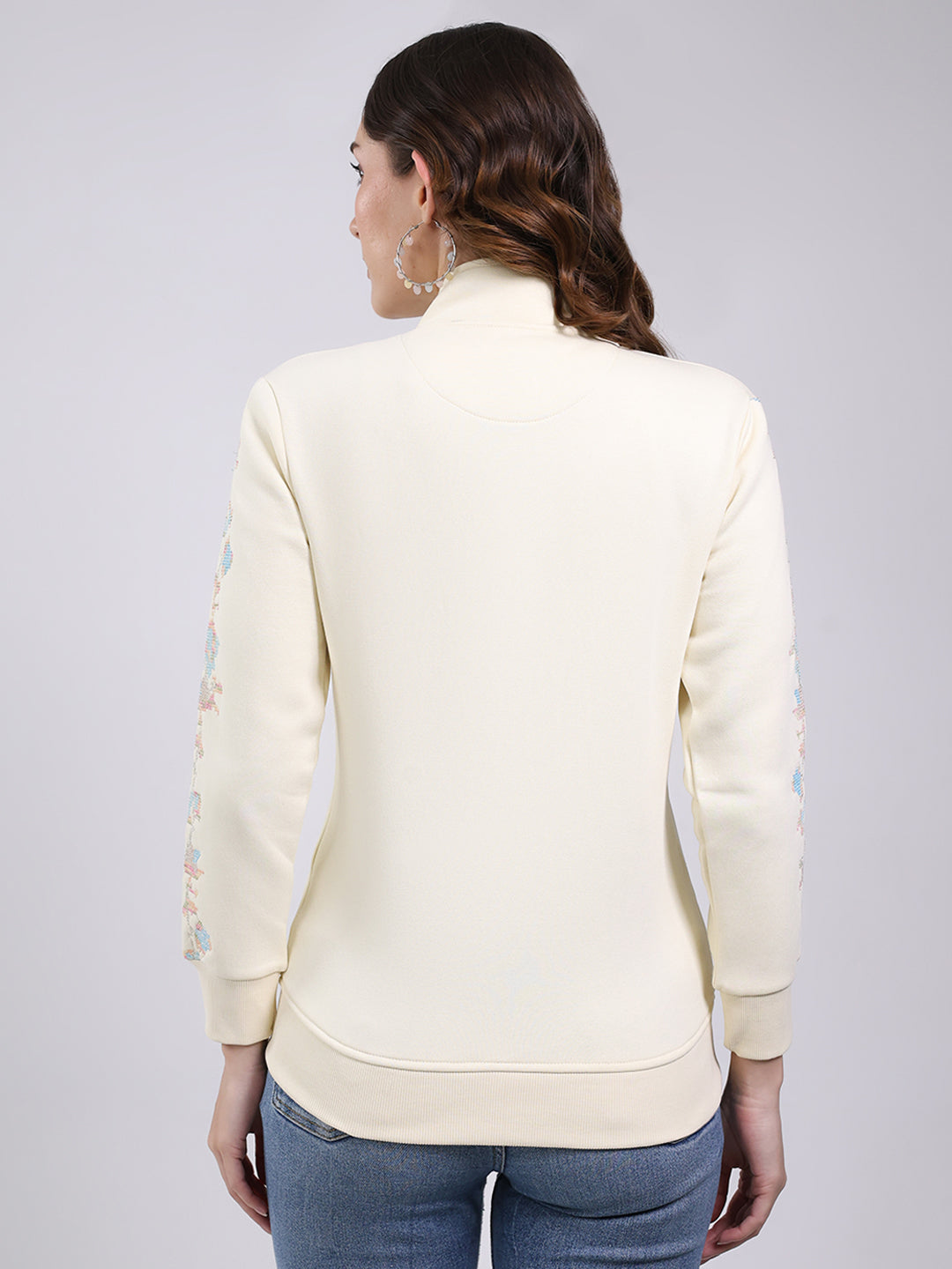 Women Cream Self Design Mock Neck Full Sleeve Sweatshirt