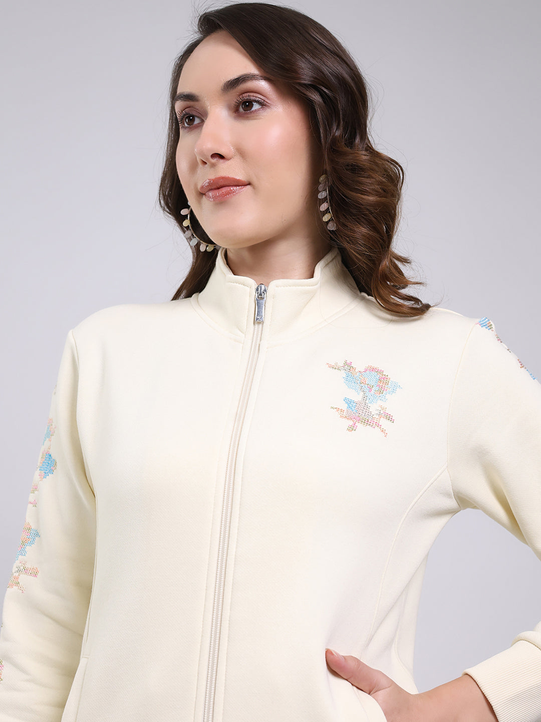 Women Cream Self Design Mock Neck Full Sleeve Sweatshirt