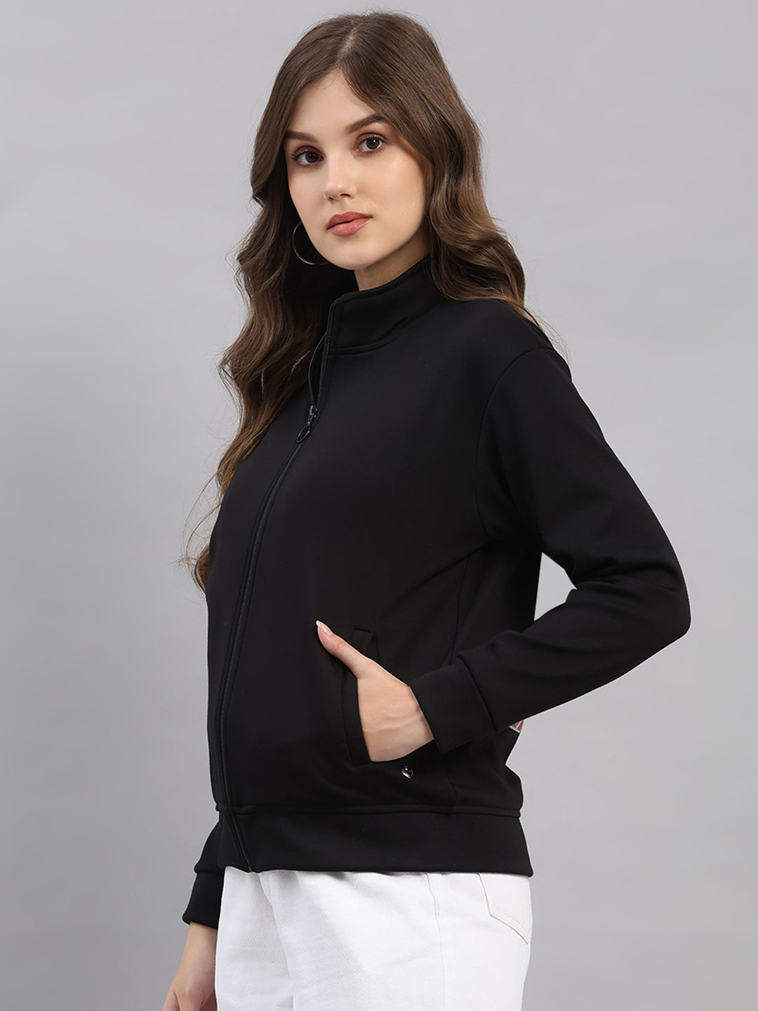 Women Black Printed Mandarin Neck Full Sleeve Sweatshirt