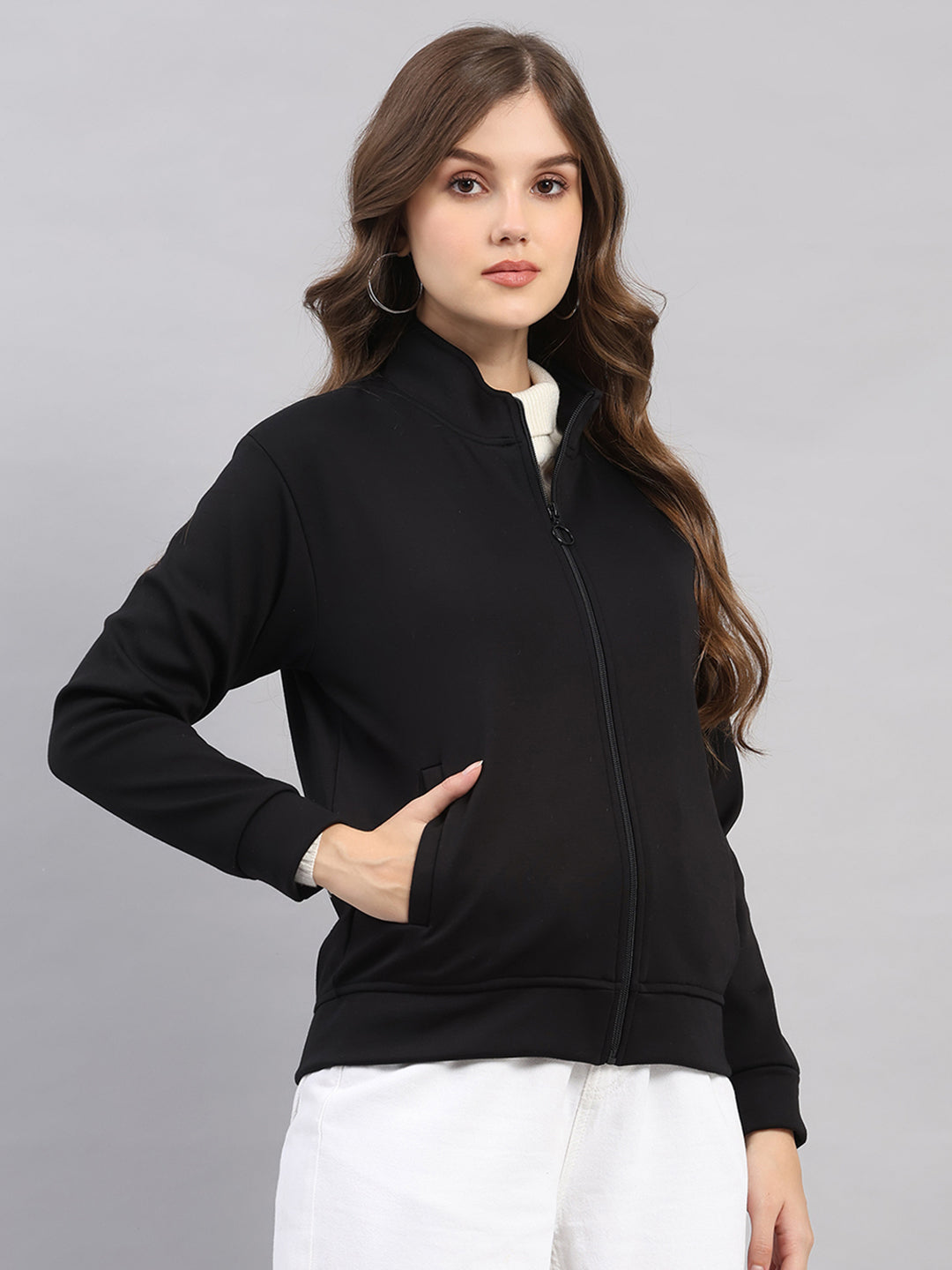 Women Black Printed Mandarin Neck Full Sleeve Sweatshirt