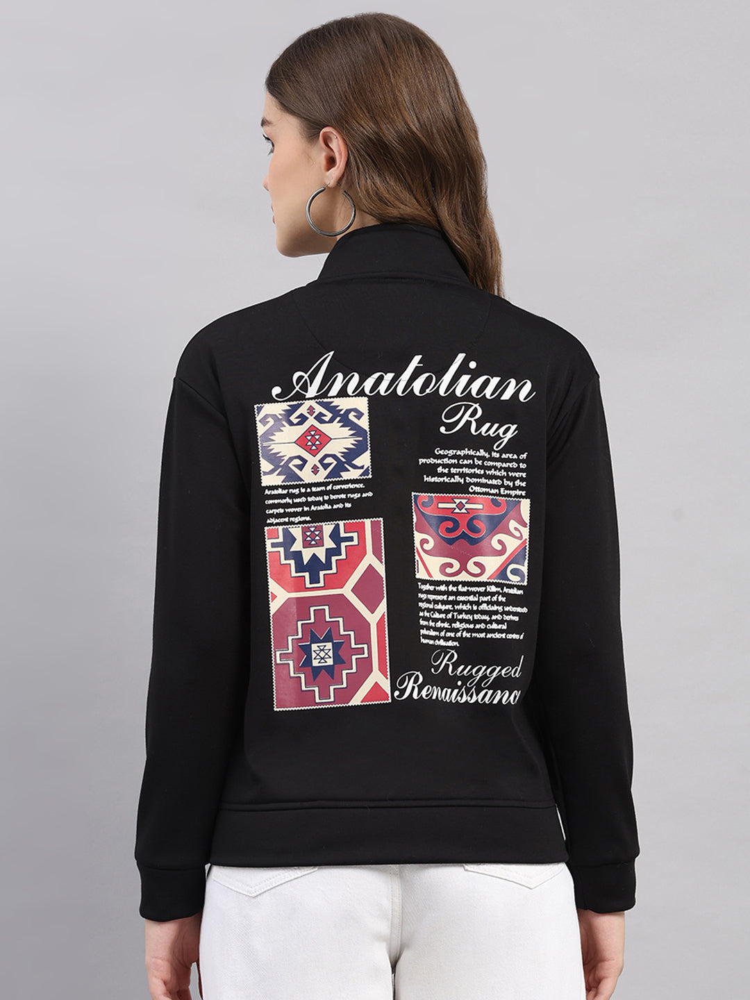 Women Black Printed Mandarin Neck Full Sleeve Sweatshirt