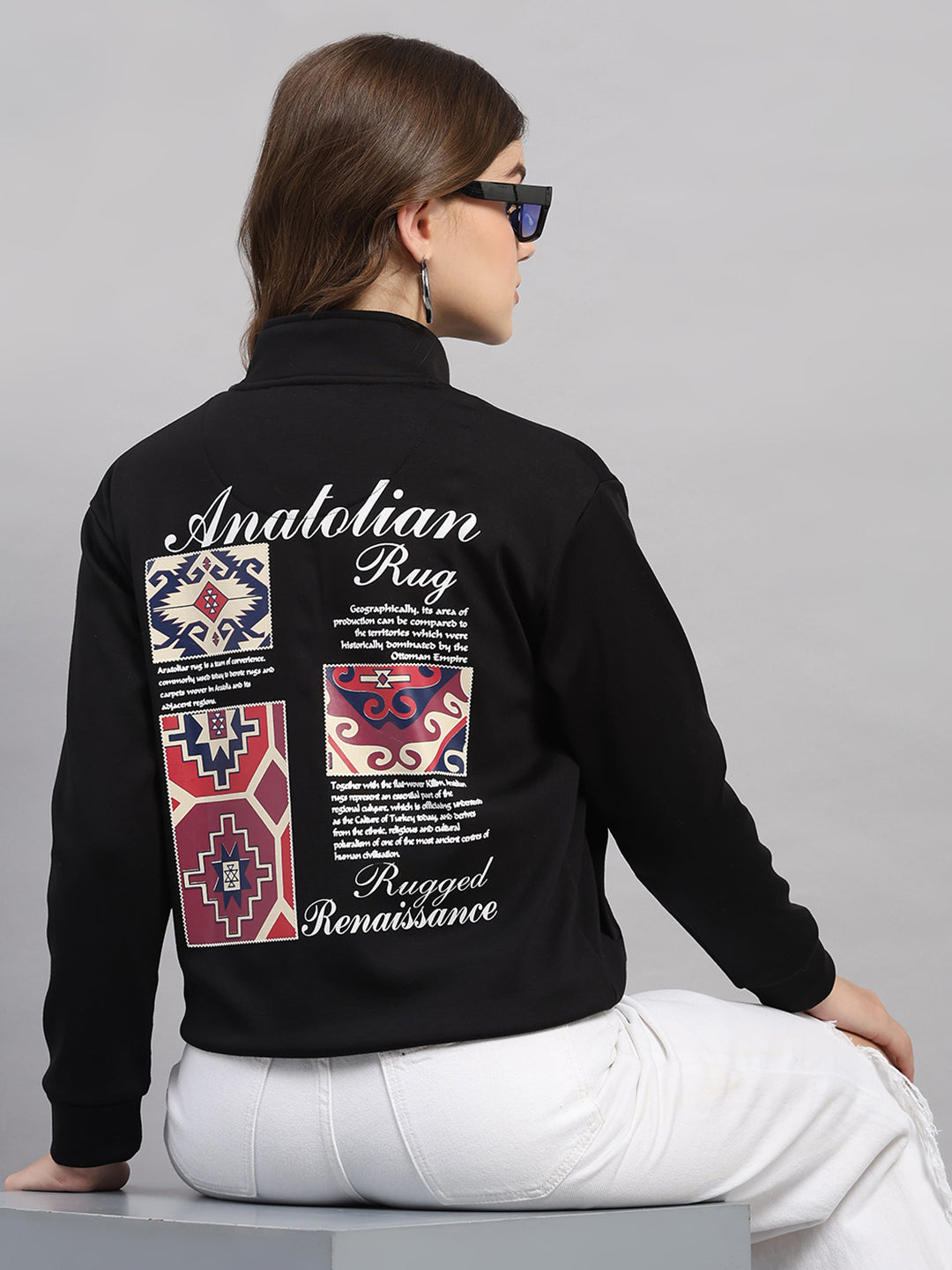 Women Black Printed Mandarin Neck Full Sleeve Sweatshirt