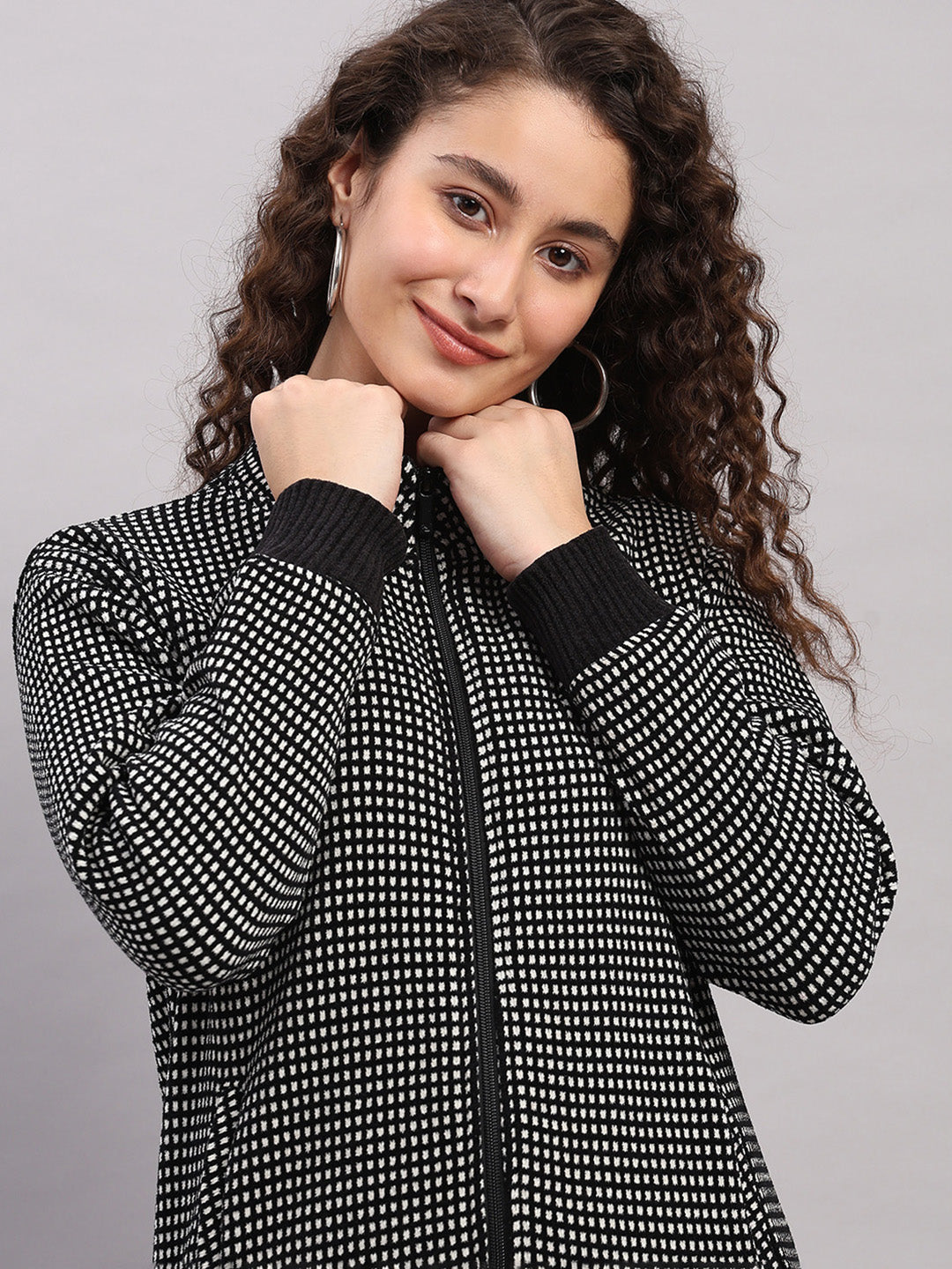 Women Black Self Design Round Neck Full Sleeve Sweatshirt