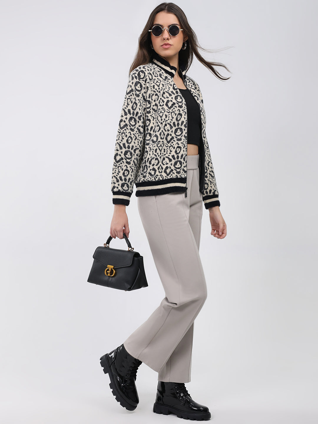 Women Black Printed Round Neck Full Sleeve Sweatshirt