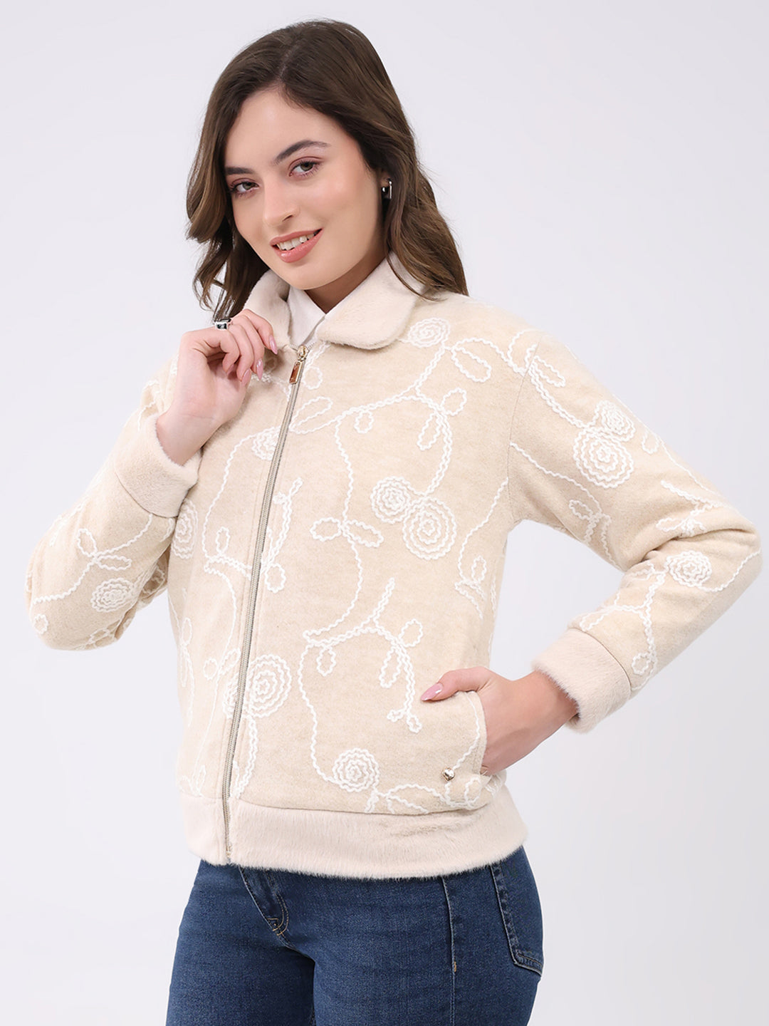 Women Beige Self Design Collar Full Sleeve Sweatshirt