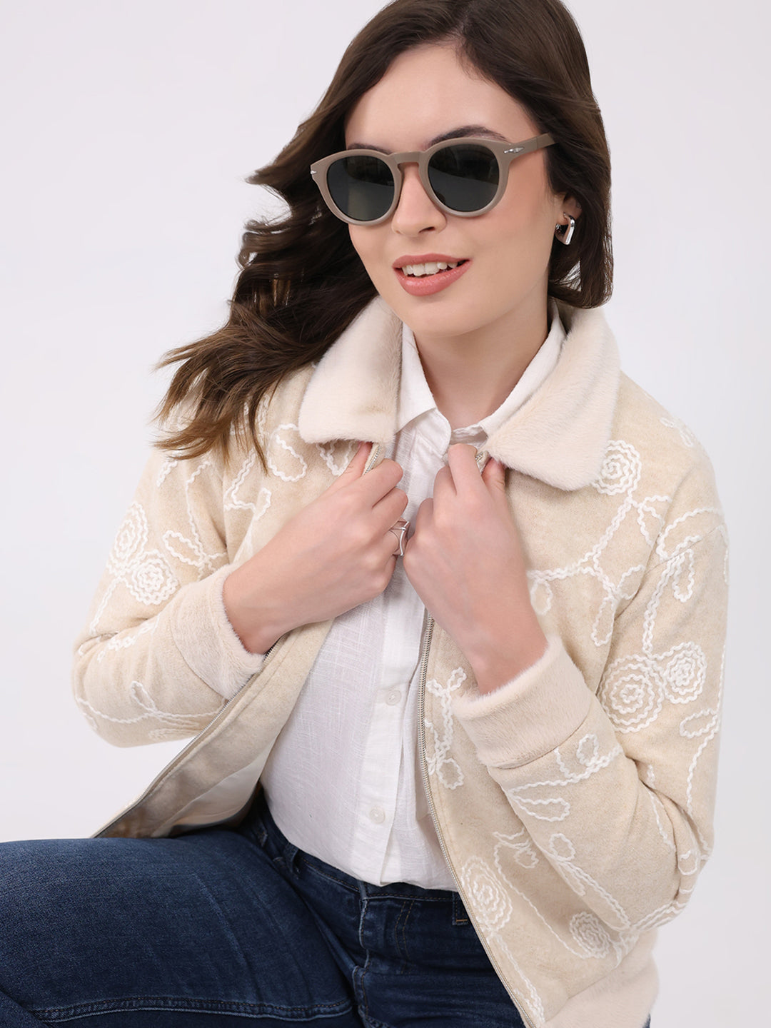 Women Beige Self Design Collar Full Sleeve Sweatshirt