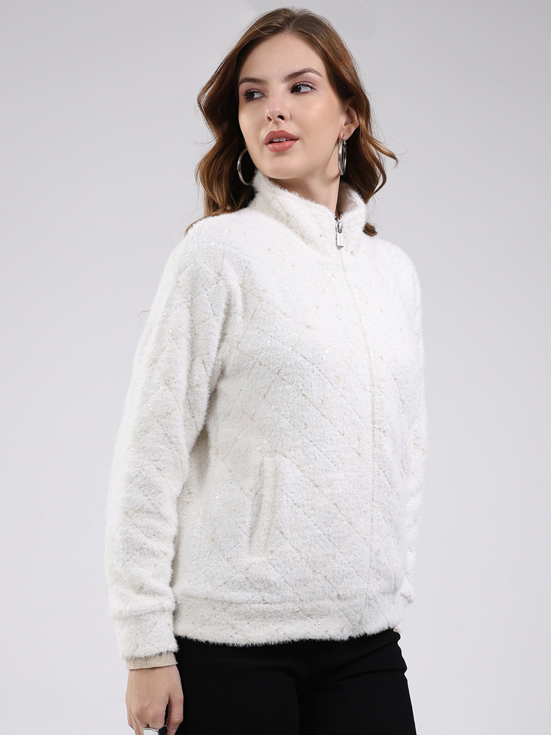 Women Off White Self Design Mock Neck Full Sleeve Sweatshirt