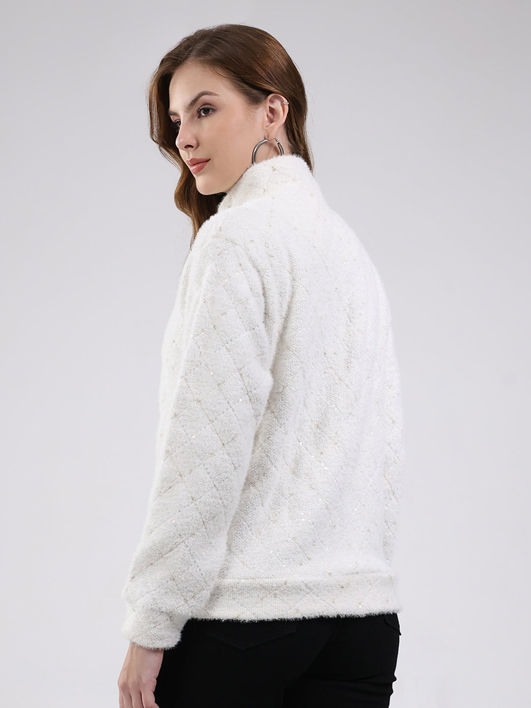 Women Off White Self Design Mock Neck Full Sleeve Sweatshirt