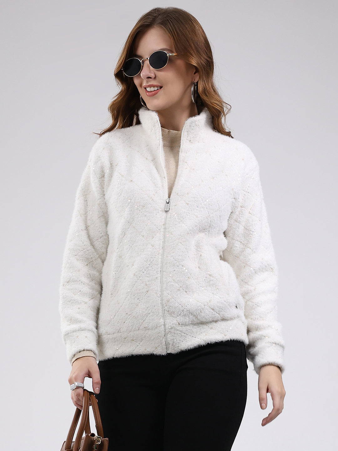 Women Off White Self Design Mock Neck Full Sleeve Sweatshirt