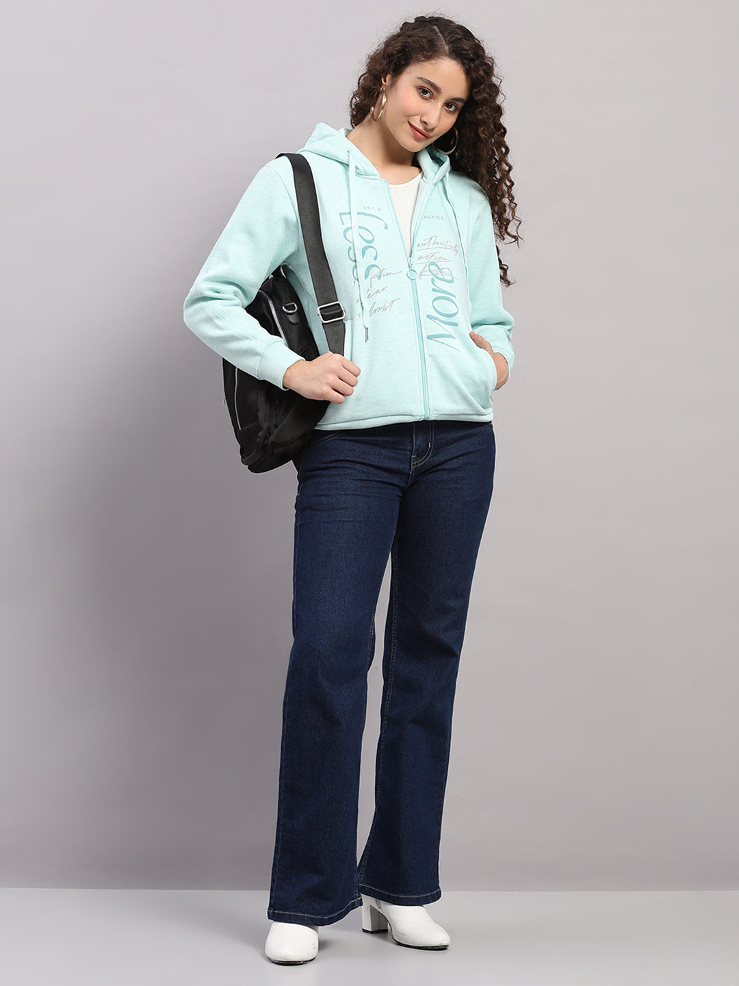Women Blue Printed Hooded Full Sleeve Sweatshirt