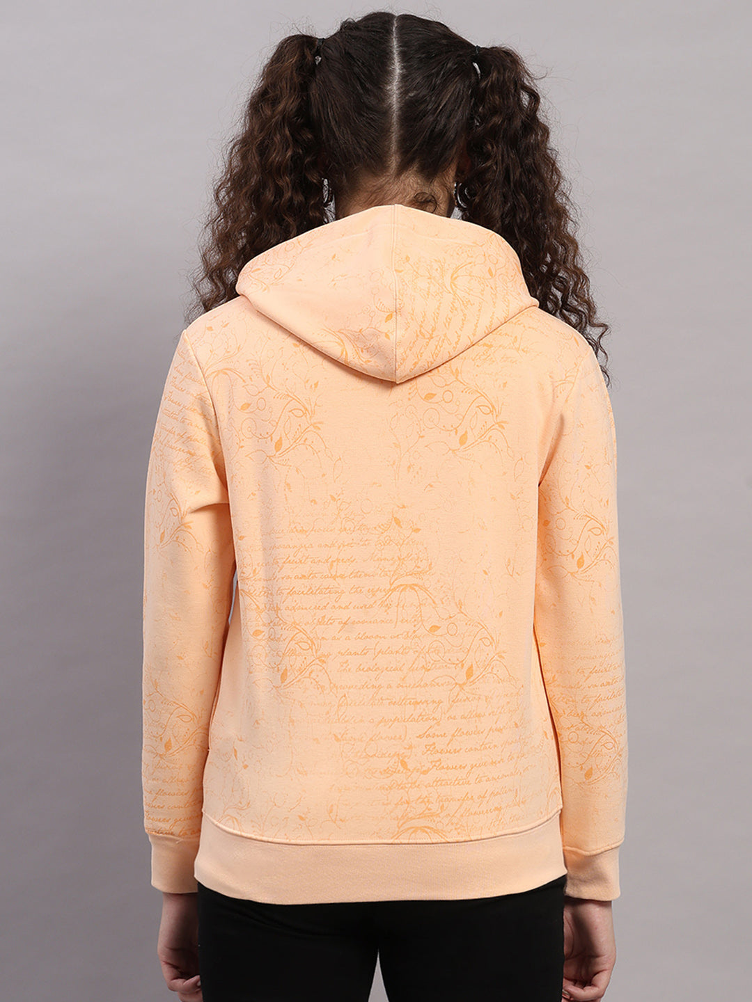 Women Peach Printed Hooded Full Sleeve Sweatshirt