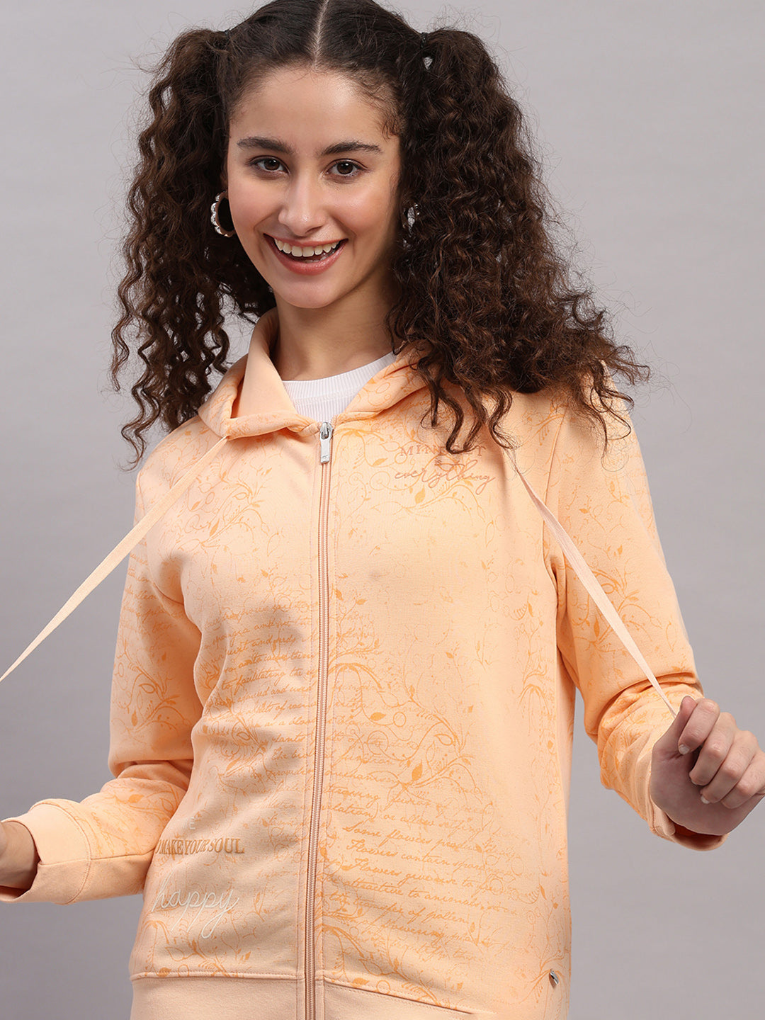 Women Peach Printed Hooded Full Sleeve Sweatshirt
