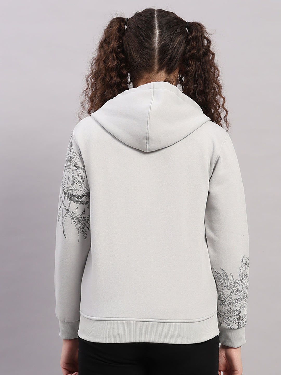 Women Grey Printed Hooded Full Sleeve Sweatshirt