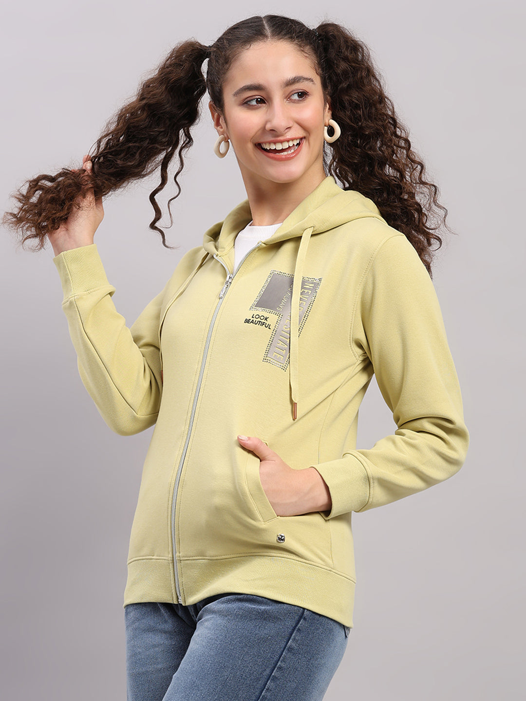 Women Green Printed Hooded Full Sleeve Sweatshirt