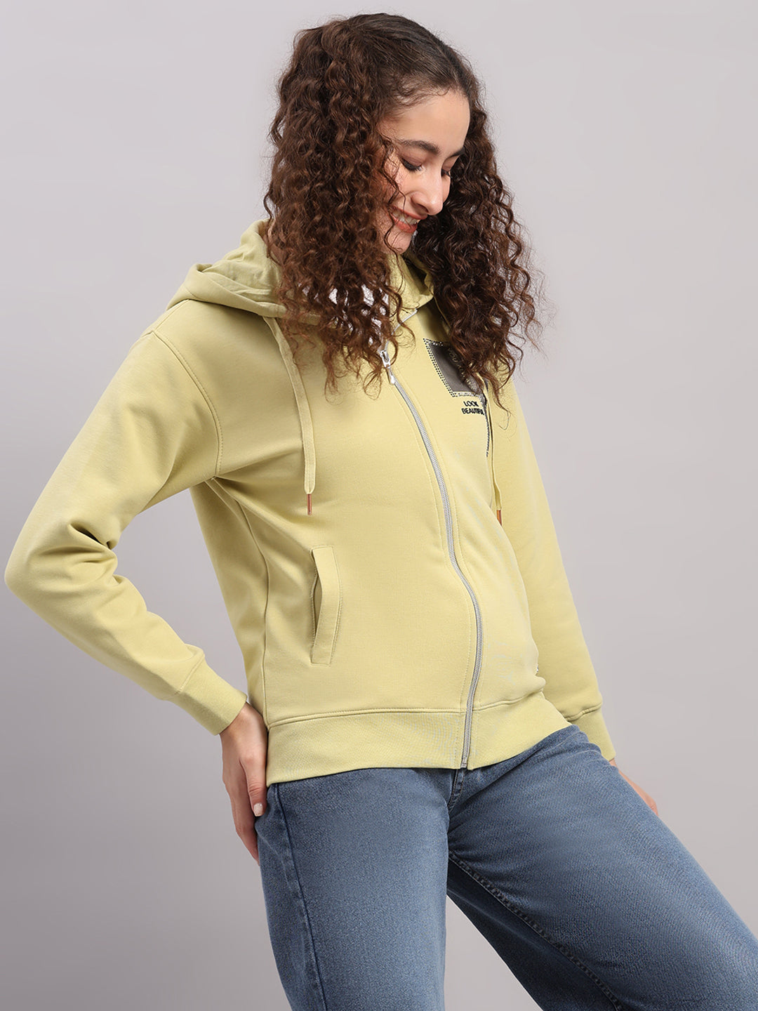 Women Green Printed Hooded Full Sleeve Sweatshirt