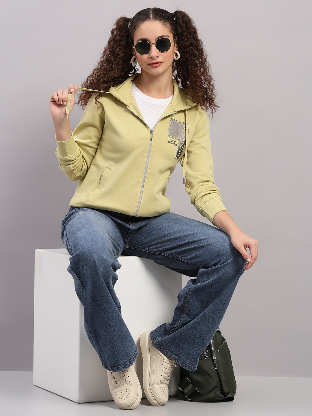 Women Green Printed Hooded Full Sleeve Sweatshirt