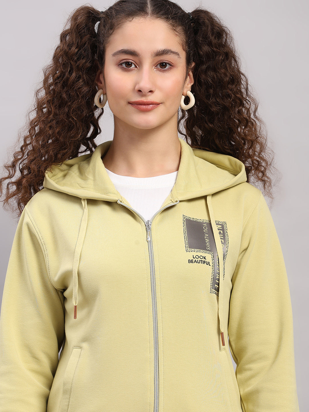 Women Green Printed Hooded Full Sleeve Sweatshirt