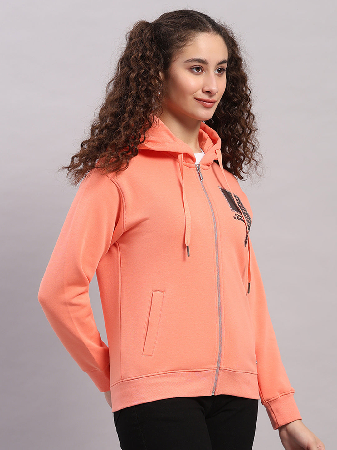 Women Peach Printed Hooded Full Sleeve Sweatshirt