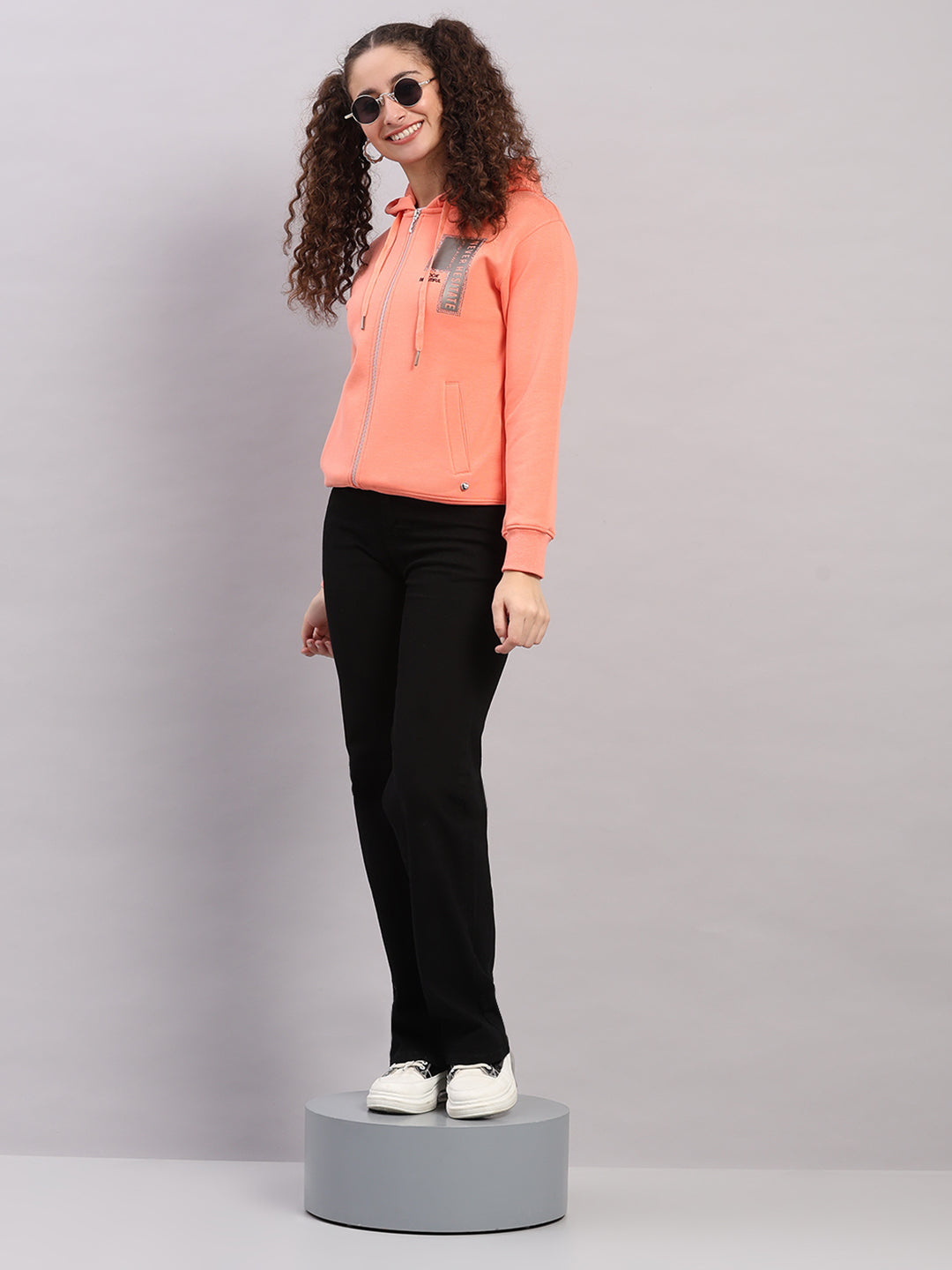 Women Peach Printed Hooded Full Sleeve Sweatshirt