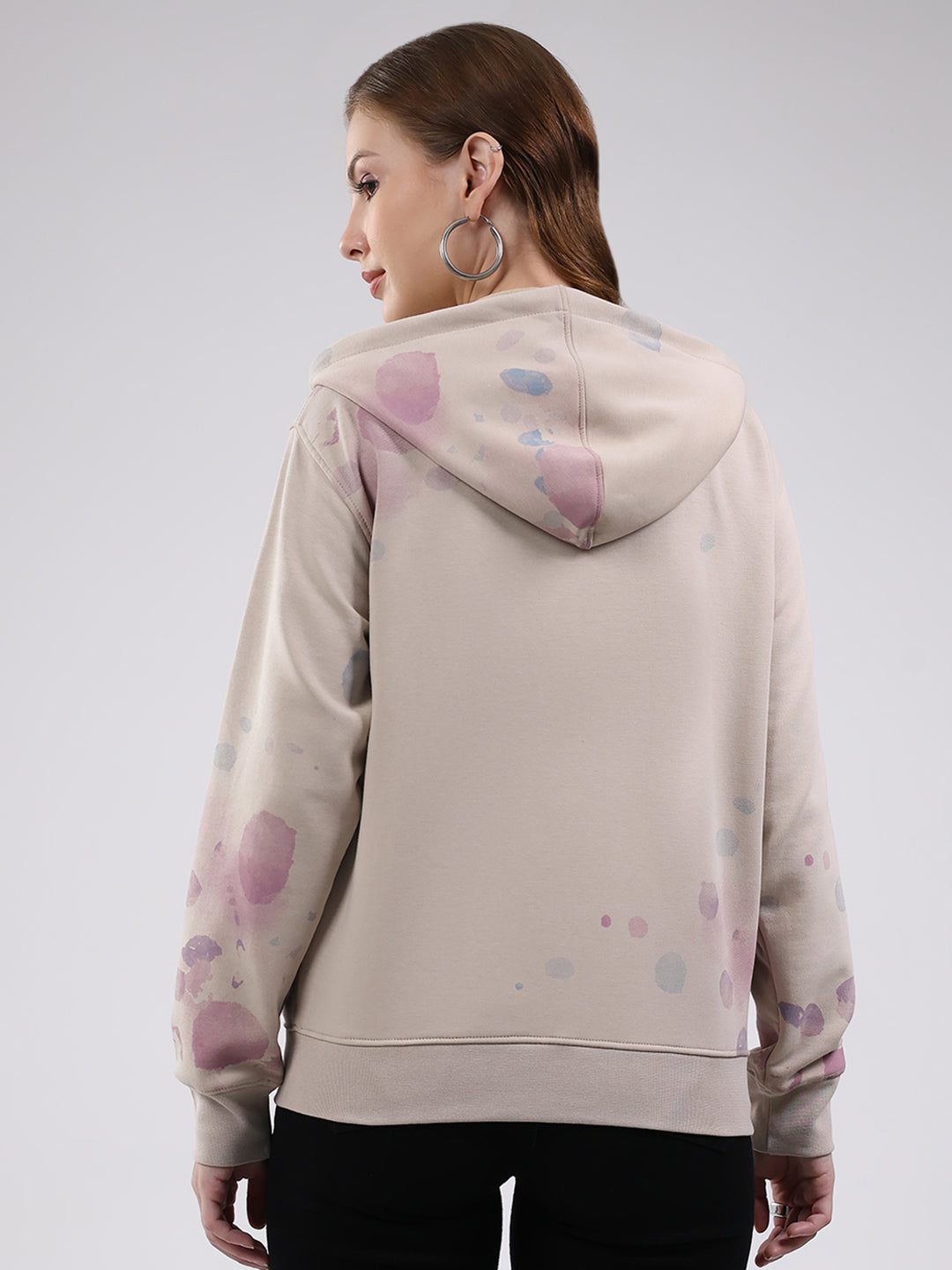 Women Beige Printed Hooded Full Sleeve Sweatshirt