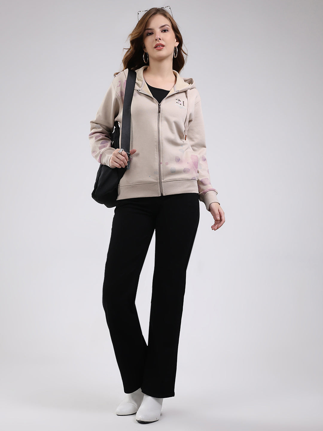 Women Beige Printed Hooded Full Sleeve Sweatshirt