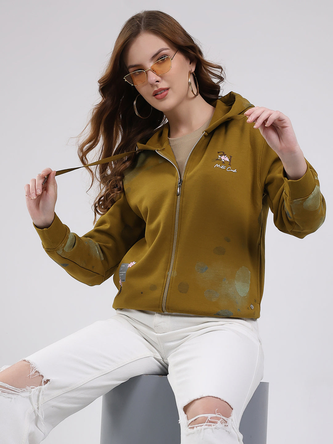 Women Olive Printed Hooded Full Sleeve Sweatshirt