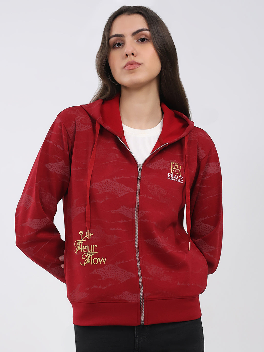 Women Maroon Printed Hooded Full Sleeve Sweatshirt