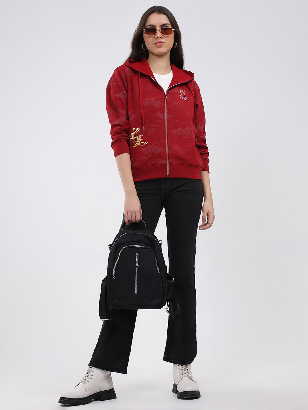 Women Maroon Printed Hooded Full Sleeve Sweatshirt