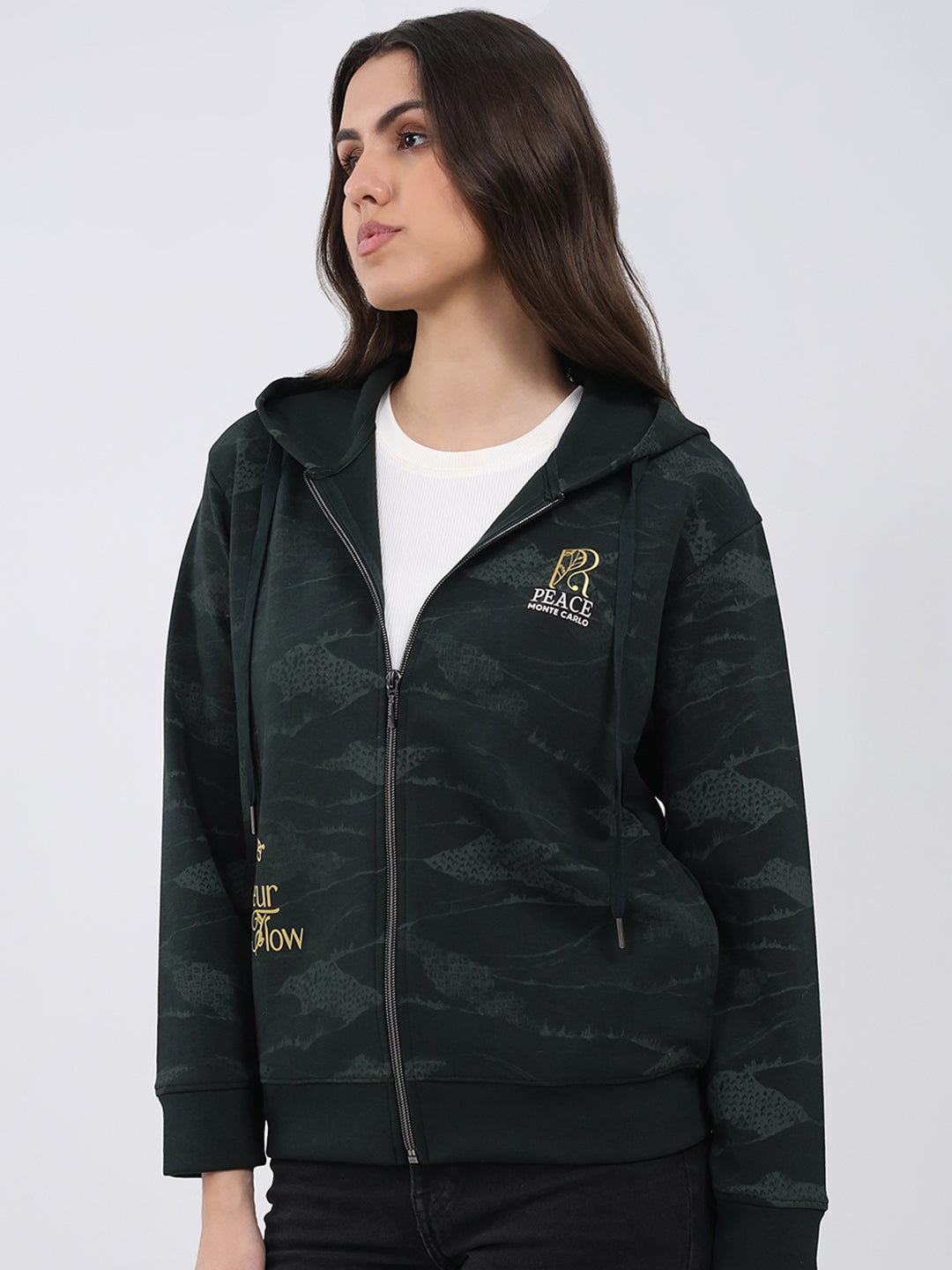 Women Dark Green Printed Hooded Full Sleeve Sweatshirt