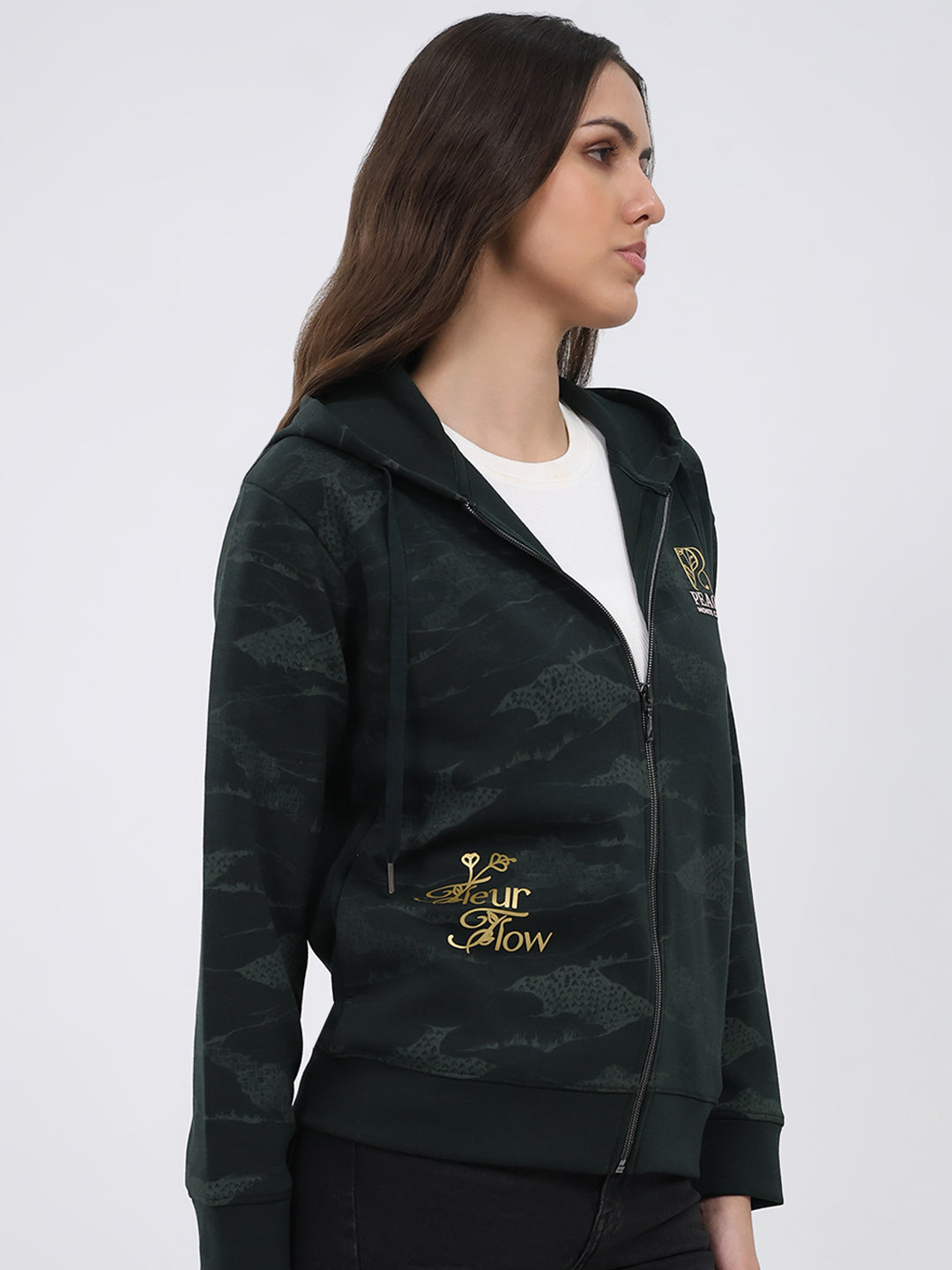 Women Dark Green Printed Hooded Full Sleeve Sweatshirt
